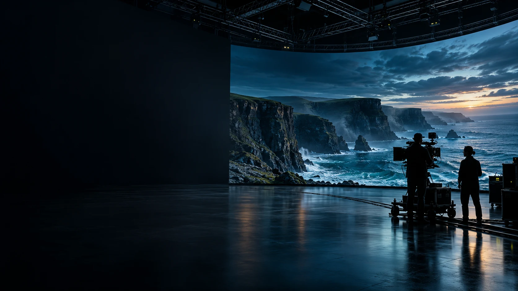 Concept visualisation of a future virtual production stage, with an Atlantic coastline on a curved LED wall